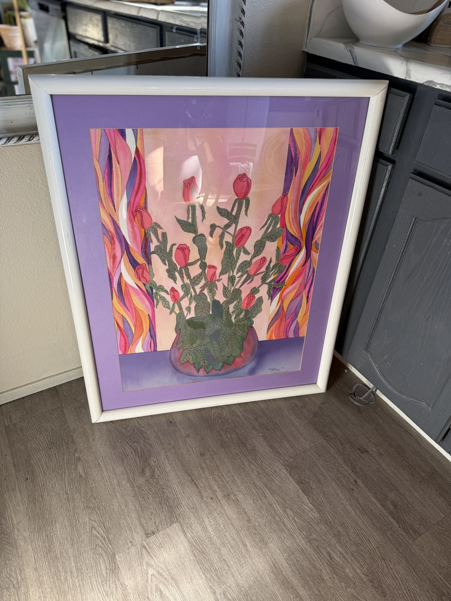 One Of A Kind Vintage 90s Floral Watercolor Handpainted Art 35”x27” Purple Pink White Orange