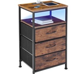Rustic Nightstand End Table w/ Charging Station & LED Lights NEW