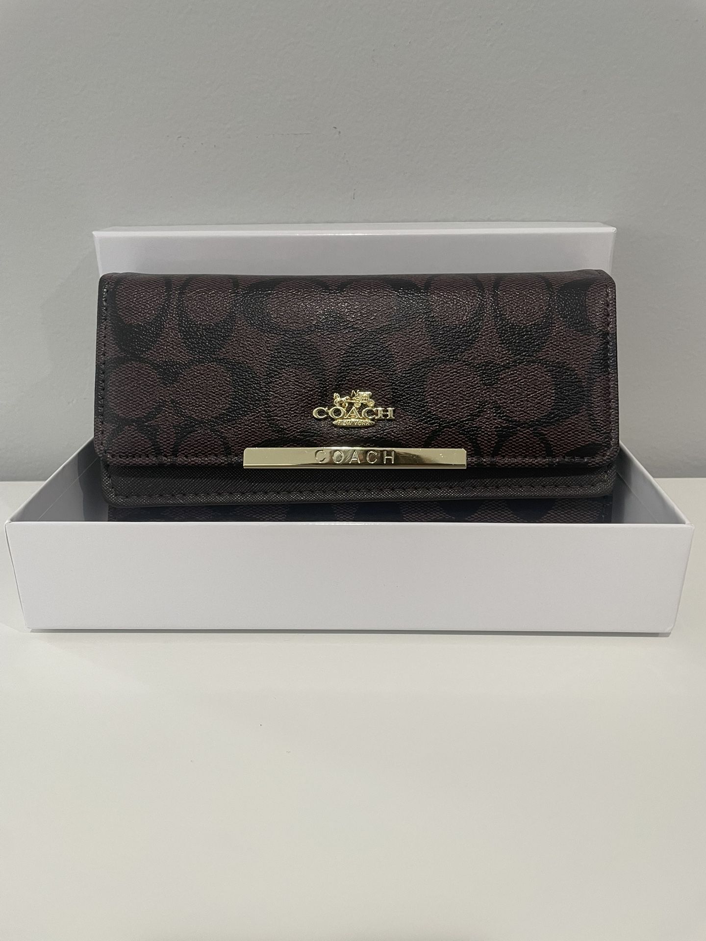 Coach Signature Brown Canvas Wallet with Gold Bar Logo