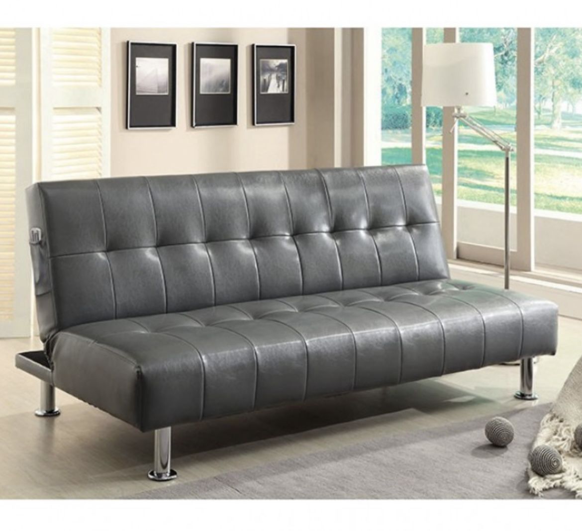 Gray Leatherette Futon Sofa