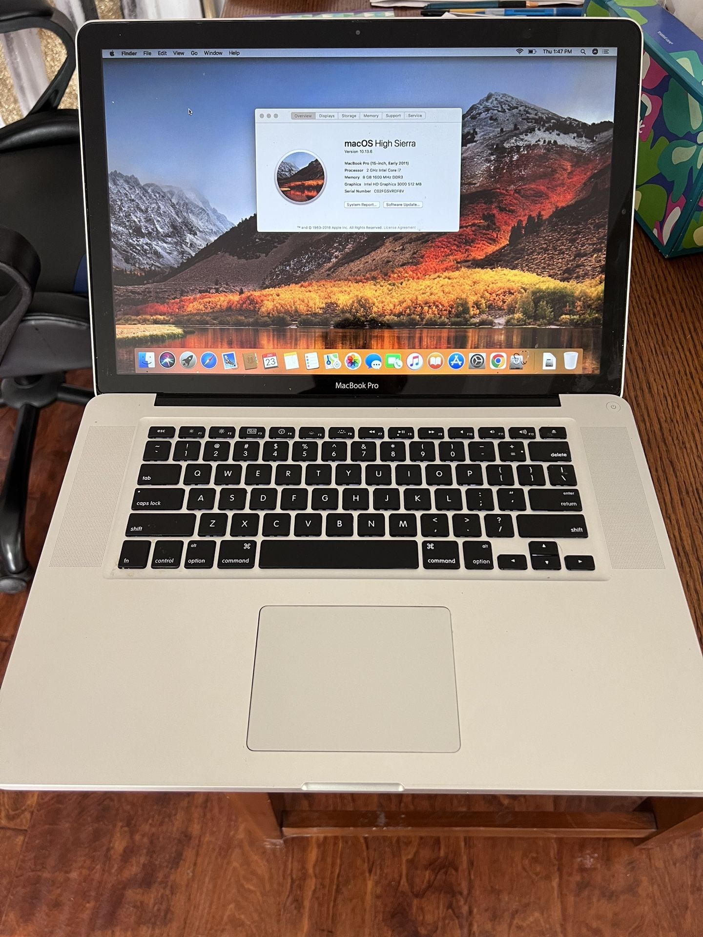 macbook pro 2011 15” A1286 i7 2GHz 8GB/512GB SSD High SIERRA