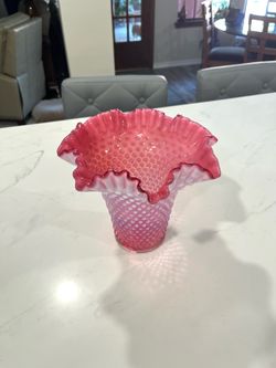Vintage Fenton Cranberry Opalescent Hobnail Large Ruffled Top Vase in MINT CONDITION.8" high by 9" wide ruffle to ruffle.Rare and unique