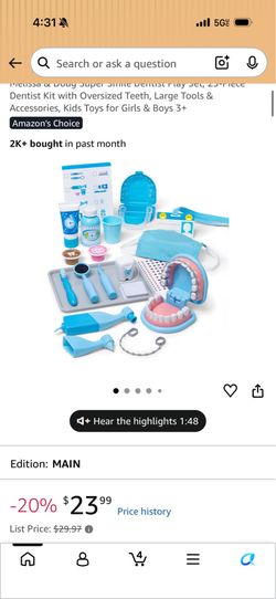 BRAND NEW Melissa & Doug Super Smile Dentist Play Set, 25-Piece Dentist Kit with Oversized Teeth, Large Tools & Accessories, Kids Toys for Girls & Boy