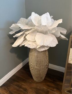 Gold Studded Vase with White Faux Leaves