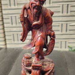 Vintage Chinese Red Wood Sculpture Hand Carved Fisherman Fisher Fish Man 6inch 