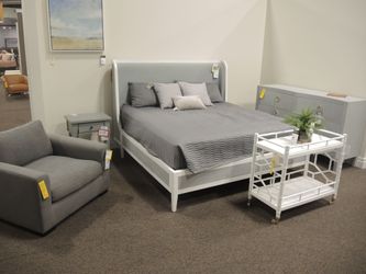 Steven Shell Victoria King Bed Upholstered & Linen Wrapped - Light Sage-Gray Linen With White Painted Frame | Headboard