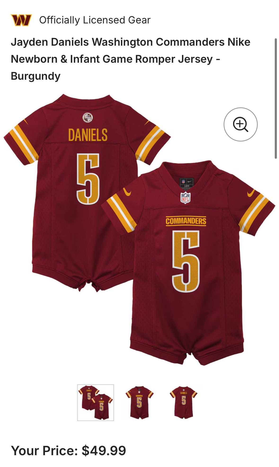 Jayden Daniels Washington Commanders Nike Newborn & Infant Game Romper Jersey - Burgundy