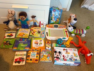 Books, toys, plushies, puzzle, pillows -For kids  infants and toddlers. Perfect condition