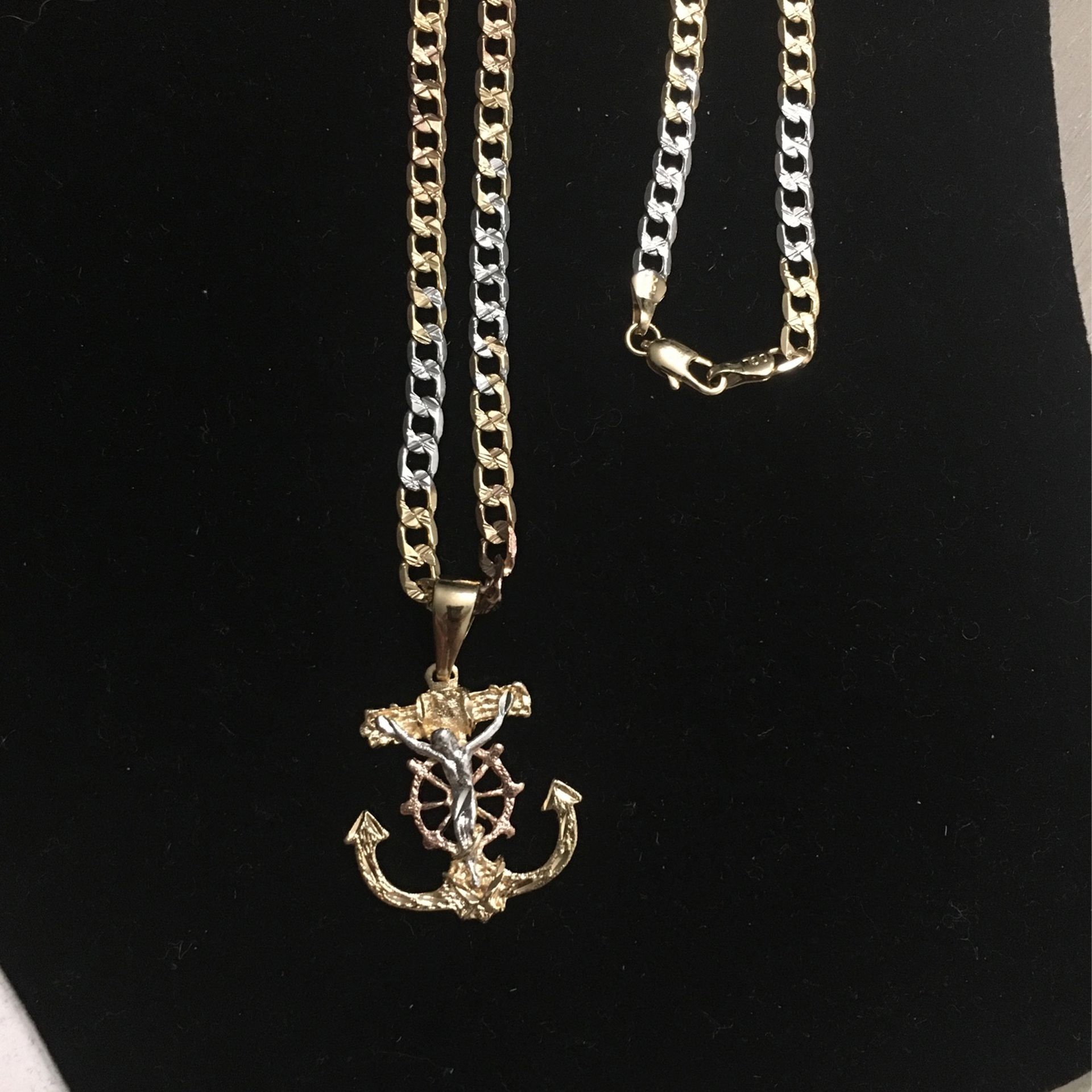 24 Inch 14k Gold Bonded Tri Color Mens Cuban Link Chain With Matching Tri Color Anchor Pendant For Sale