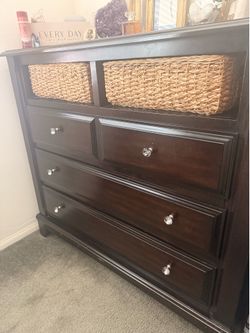 Black Wood Dresser with Crystal Knobs & Wicker Baskets