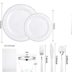 Silver Plates - Disposable Silver Plastic Plates Includes 50 Plates, 75 Silverware, 25 Napkins, 25 Silver Rimmed Cups Perfect for Party & Weeding & Mo