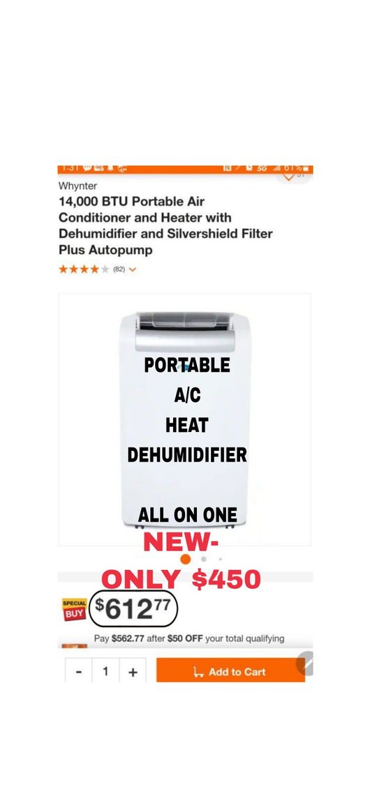 NEW-Portable AC W/HEAT- Whynter ARC-148MHP 14,000 BTU Portable Air Conditioner W/11,000 BTU Portable Air Heater w/Dehumidifier & Fan,500 Sq Ft Rooms,