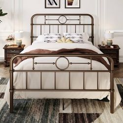Full Size Metal Platform Bed Frame with Vintage Headboard Heavy Duty, Noise-Free, 12.4" Under-Bed Storage, No Box Spring Needed, Easy Assembly, Antiqu