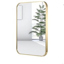 22" × 30" Bathroom Mirror Brashed Brass Gold Metal Framed Rectangular Mirror With Rounded Corners