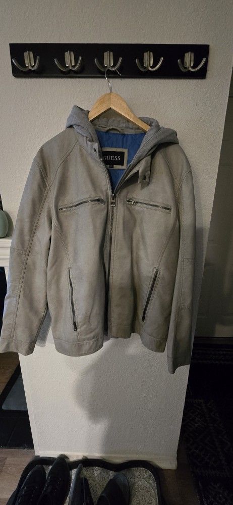 GUESS Faux-Leather Jacket XXL β Light Gray with Blue Lining (Removable Hood)