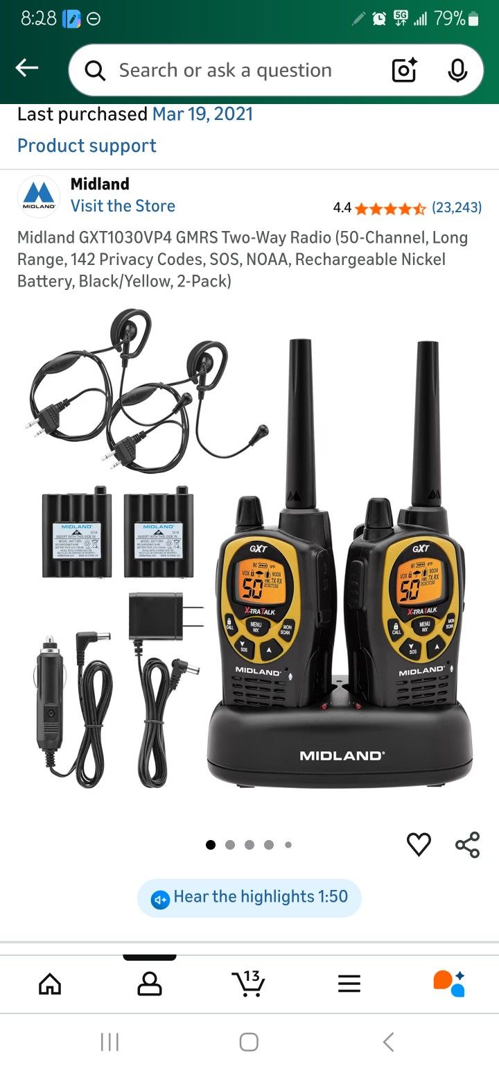 Midland GXT1030VP4 GMRS Two-Way Radio (50-Channel, Long Range, 142 Privacy Codes, SOS, NOAA, Rechargeable Nickel Battery, Black/Yellow, 2-Pack