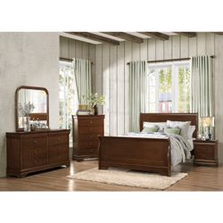 Brand new cherry queen sleigh bedframe + dresser + mirror + nightstand