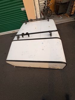 White Truck Camper Shell with Roof Rack
