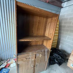Wood Cabinet / Storage Shelf with Glass Doors – Needs TLC
