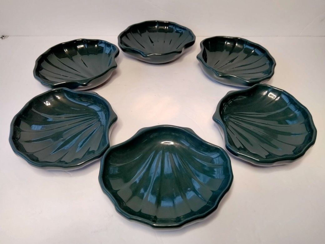 Lot Of 6 Vintage Pfaltzgraff USA Clam Shell Soap Dish Tray GREEN Ceramic
