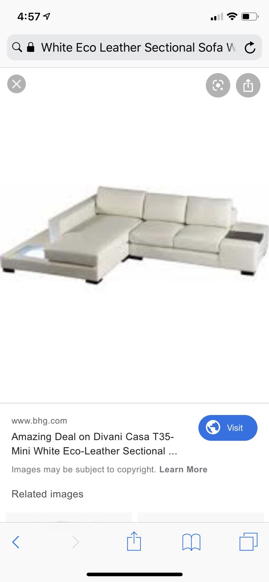 Sectional Sofa in White Eco-Leather w/ Light