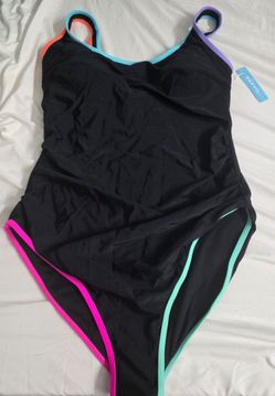 Popvil Black One-Piece Swimsuit with Color Trim