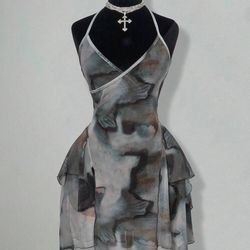 SHEIN ICON Mesh Print Sheer Asymmetrical Hem Halter Tie Waist Mini Dress