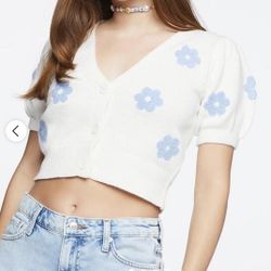 Forever 21 Women's Blue and White Cardigan Size Medium 