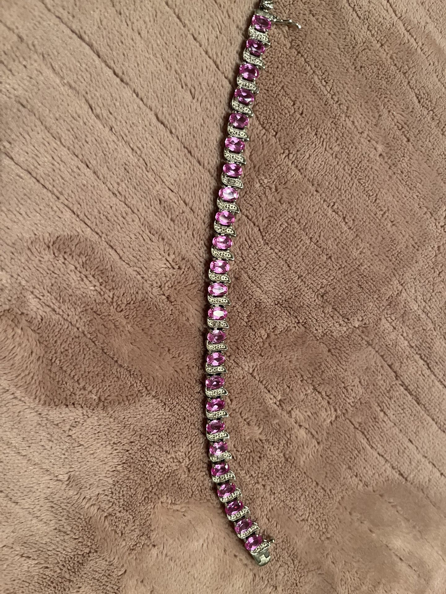 Lab Created Pink Sapphire Sterling Silver Tennis Bracelet .