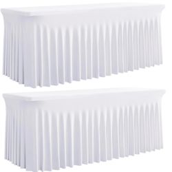 Outpain White Spandex Table Clothes For 8 Foot Rectangle Tables-2Pack 8FT Spandex Fitted Table Cover, Wrinkle Free Tablecloths With Skirt For Parties,