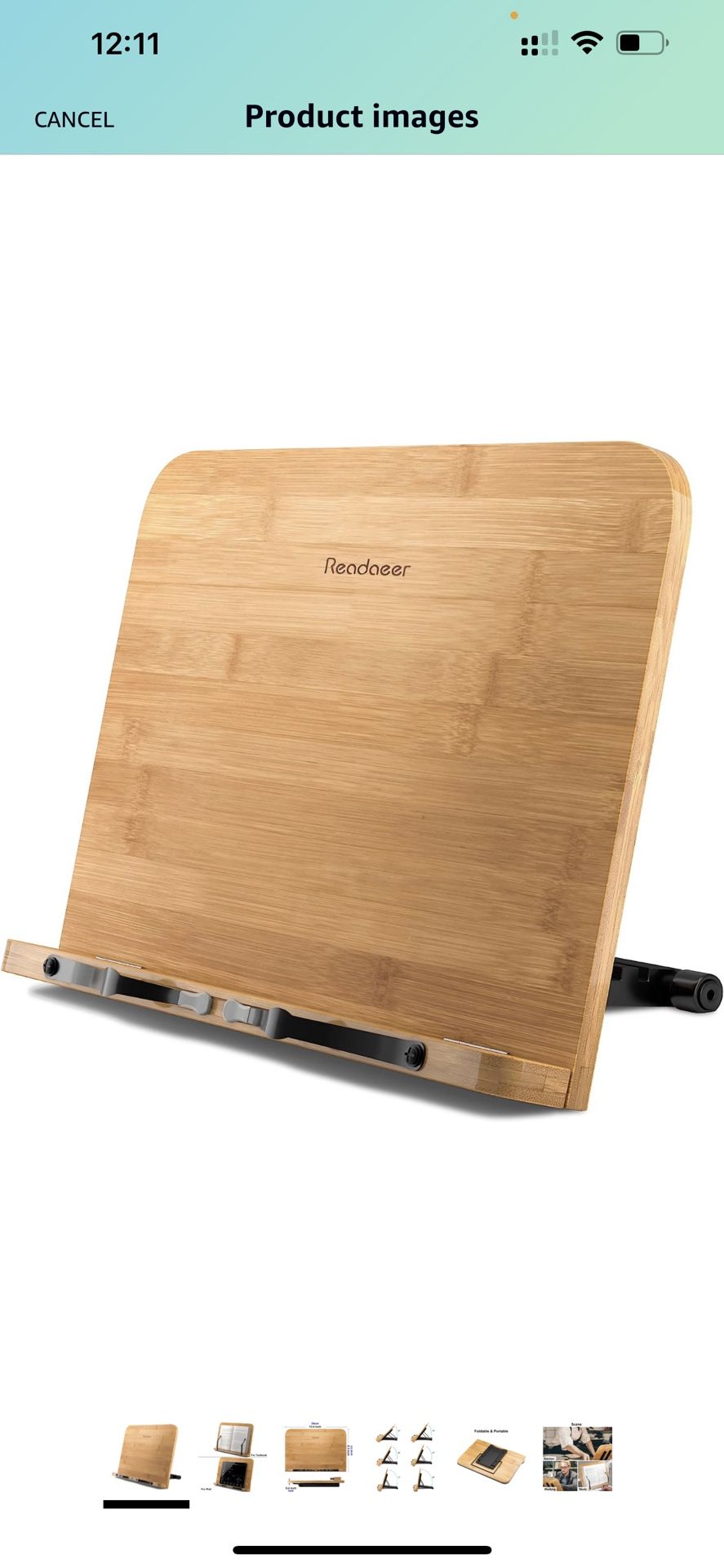Readaeer Bamboo Book Stand, Large Book Holder with 6 Adjustable Height, Foldable Cookbook Stand Desktop Document Holder for Kitchen & Office (13.4 x 9