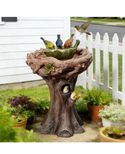 29.53-Inch Tall Outdoor Water Fountain with Birds, Birdbath Fountain with Removable Feeding Bowl, Tree Trunk Design, Freestanding Resin Water Fountain