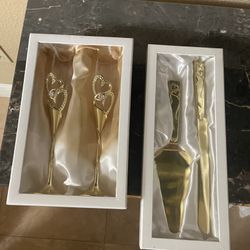 Wedding Couple Toast Cup And Cake Knife Set Gold