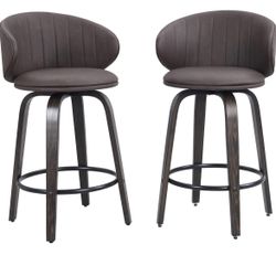 Modern Bar Stools Set of 2 Bentwood Barstools, Brown Mid Century, Swivel, Faux Leather, Stools with Back, for Kitchen Counter Restaurant