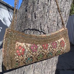 Ornate Gold tone Beaded Cutdana embroidered evening Shoulder Bag Bead Strap Snap