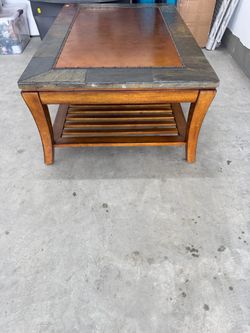 Slate Top Wood Coffee Table with Bottom Storage Shelf – Good Condition