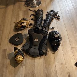 catchers gear with gloves and training gloves