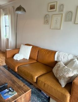 Albany Park Mid Century Leather Sofa with Walnut Legs