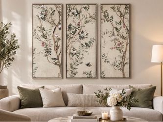 3-Piece Botanical & Bird Framed Canvas Wall Art Set (12"x36" each) – Elegant Neutral Home Decor