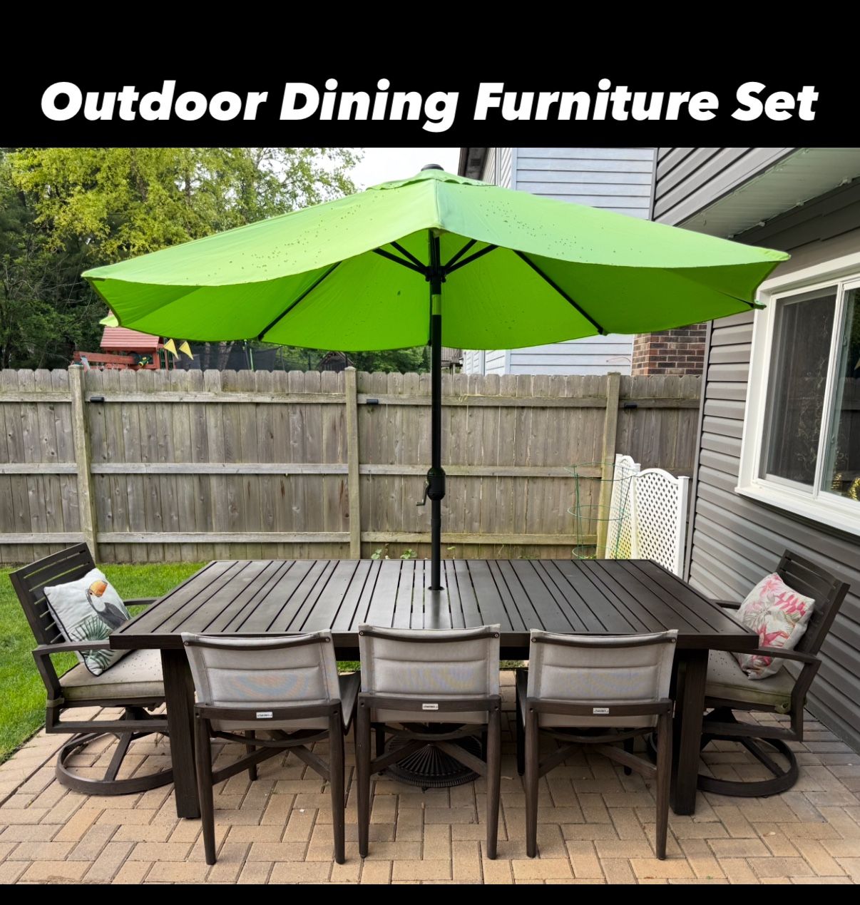 Plank & Hide Co. Outdoor Dining Furniture Set with seating for 8 Patio Table Swivel Chairs & Bench Seating Umbrella with Base Stand