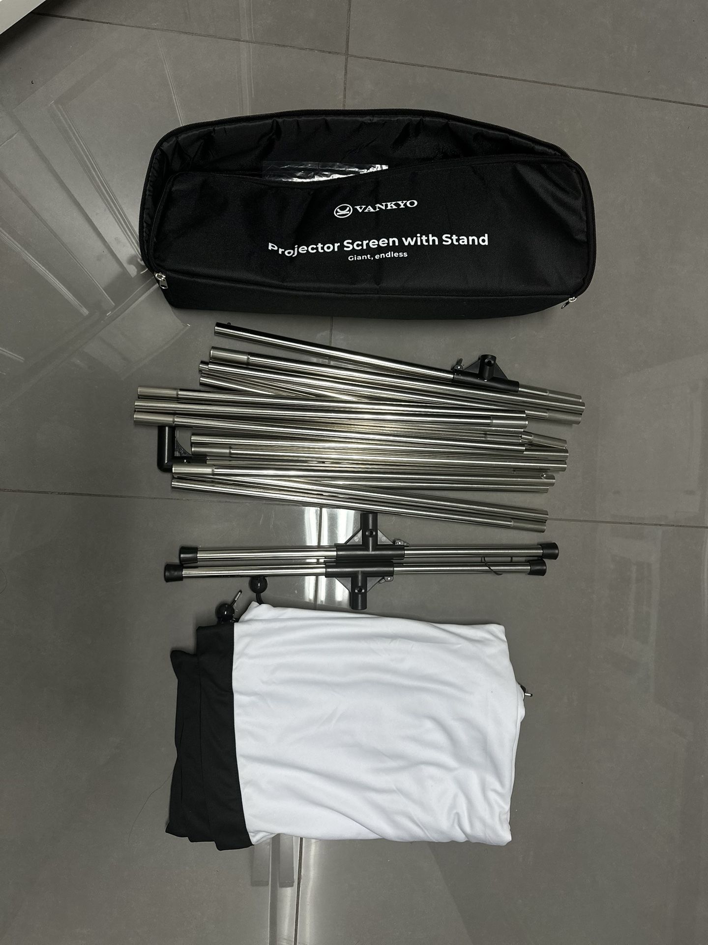 Vankyo projector screen with a stand, which typically includes a 100-inch portable screen and a carrying bag