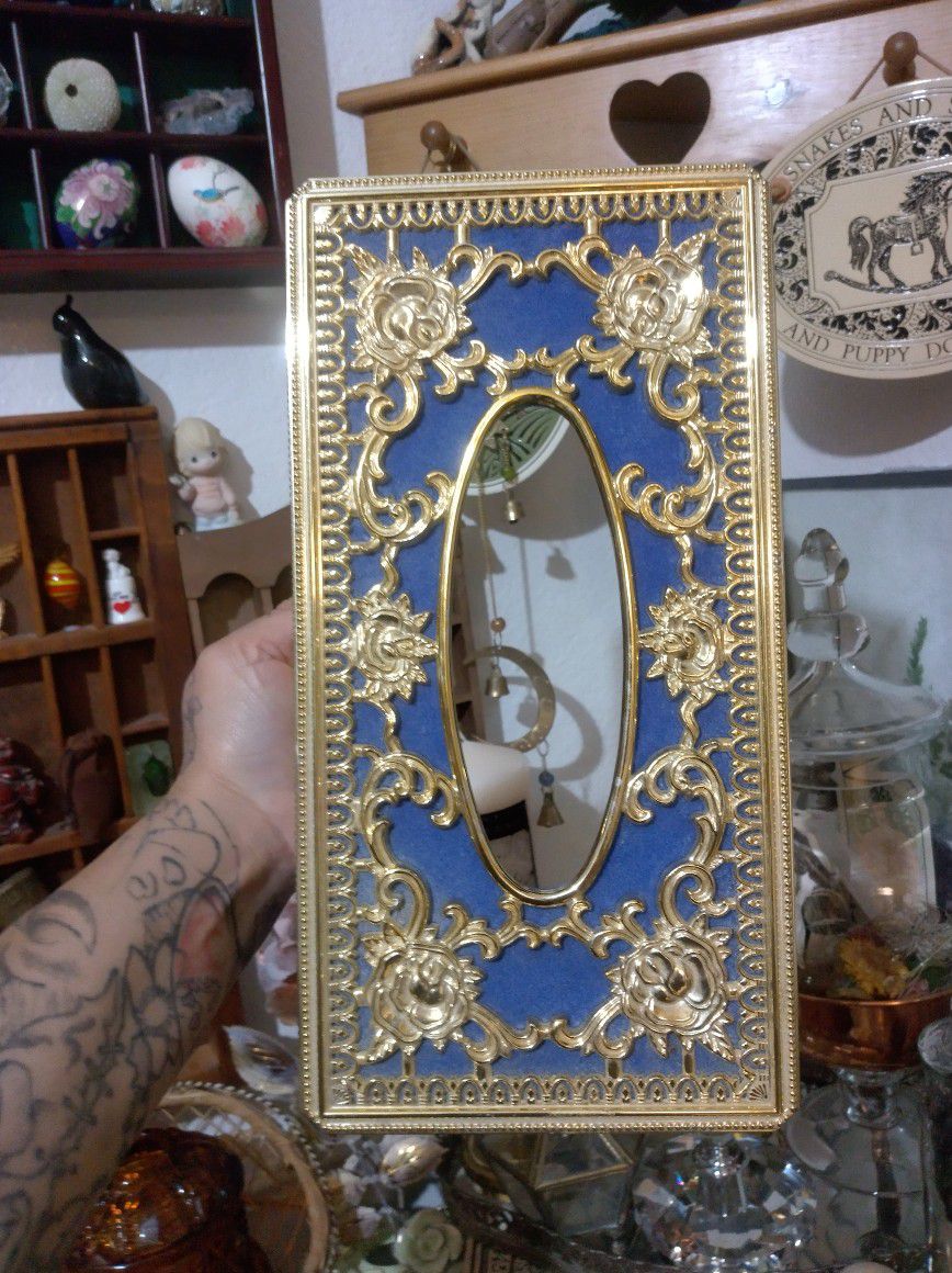 Vintage Gold Tone And Blue Tissue Box