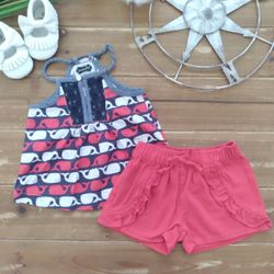12-24MOS 2-PIECE OUTFIT HALTER WHALE PRINT TUNIC W/RED RUFFLE  CHAMBRAY SHORTS 