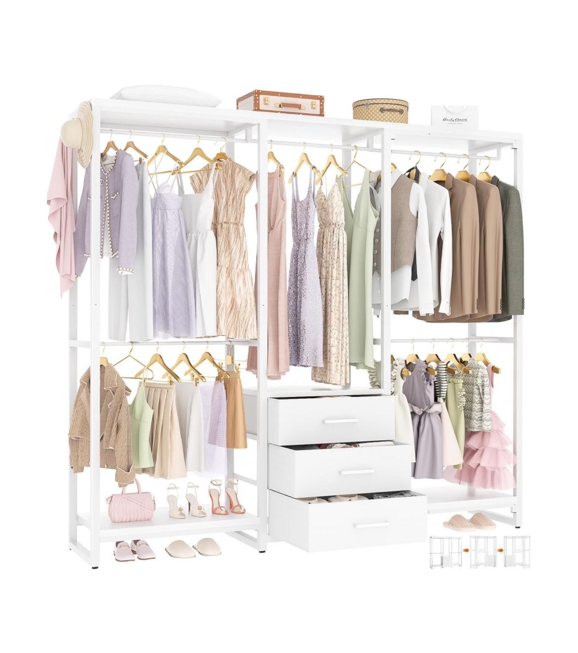 Garment Rack Heavy Duty Clothes Rack for Hanging Clothes,Clothing Racks with Drawers, Wood Stoarge Shelf Freestanding Closet Wardrobe, Corner L Shaped