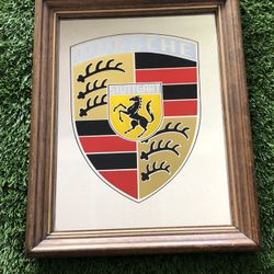 Vintage  PORSCHE STUTTGART LOGO WALL MIRROR  w/ Wood Frame