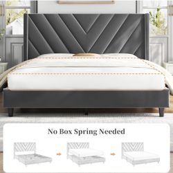 Yaheetech Full Bed Frame Upholstered Platform Bed with Wing Side Tufted Headboard/Sturdy Wooden Slat