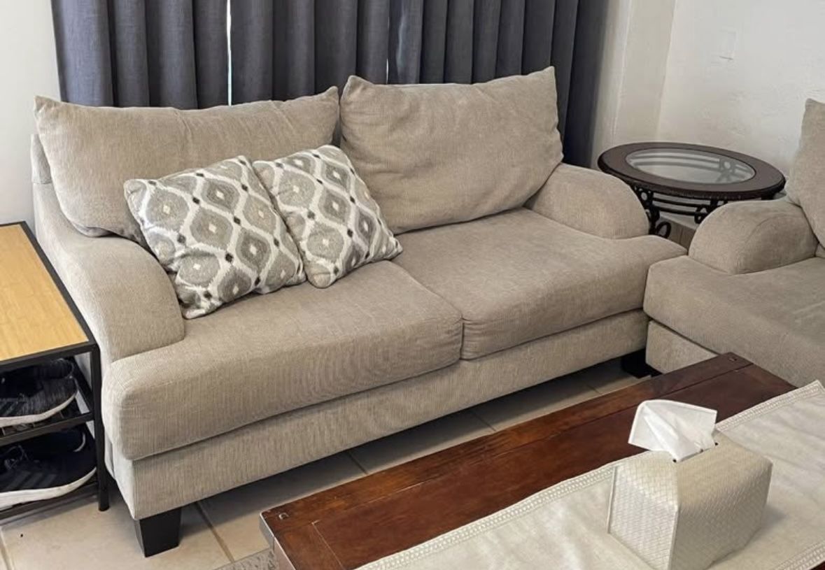 2-Piece Beige Sofa Set with Decorative Pillows - Great Condition