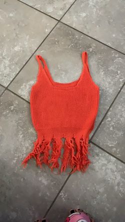Orange Knit Fringe Crop Tank Top