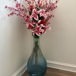Artificial Flowers Assortment In Big Glass Vase