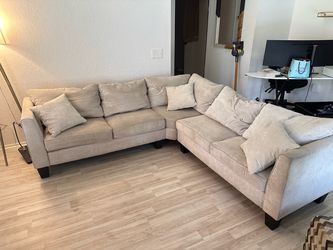 Beige Fabric Sectional Sofa with Pillows & Ottoman